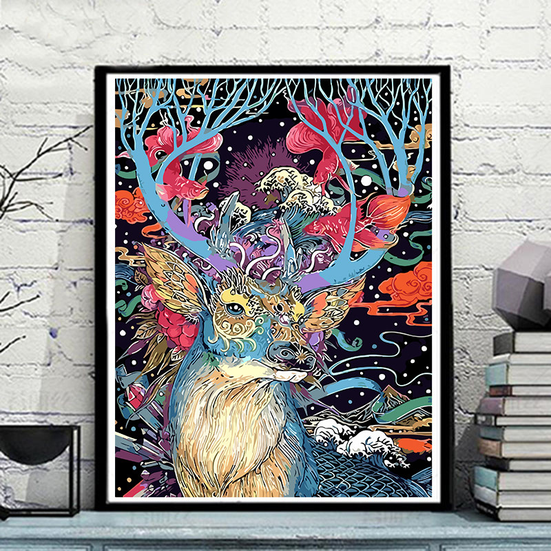 diy数字油画客厅风景抽象动物鹿数码填色手工绘画油彩装饰画 神鹿