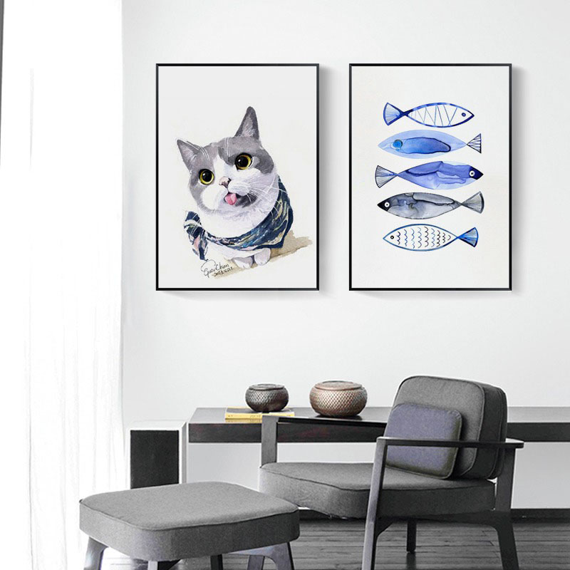 diy数字油画现代简约双拼两联客厅背景装饰画手绘填色挂画 猫和鱼图片