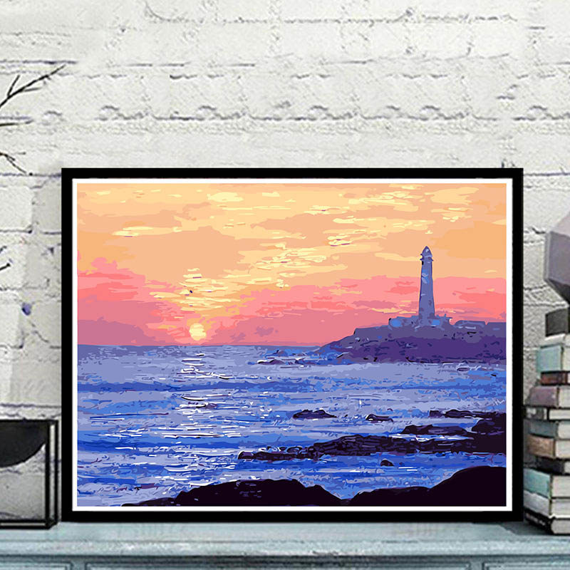 数字油画diy客厅卧室风景日出夕阳海边沙滩手工绘填色减压装饰画