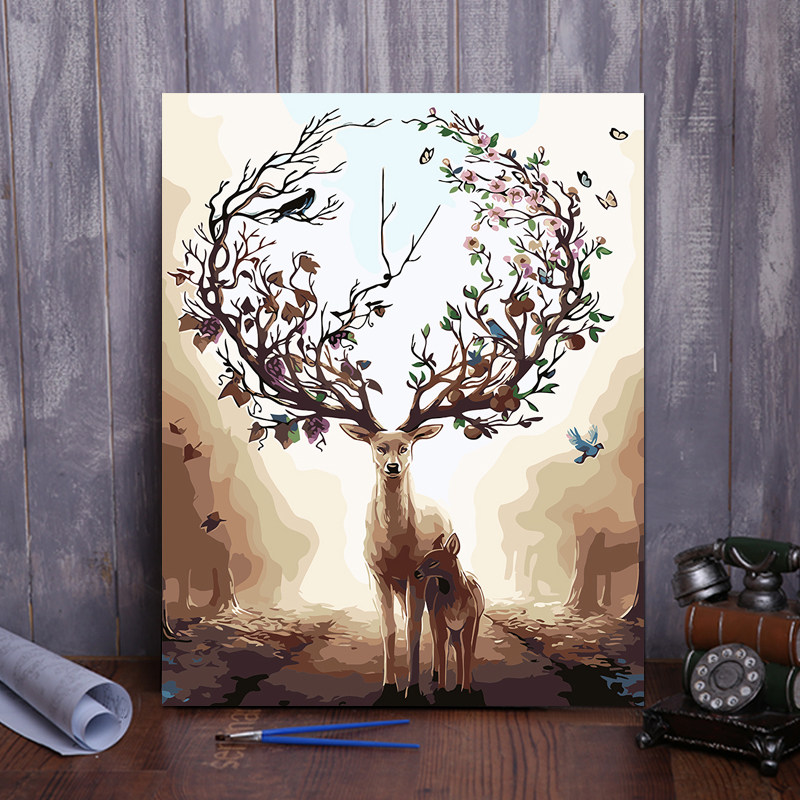 diy数字油画水彩上色减压成人涂色手工填色画装饰手绘油彩画 鹿