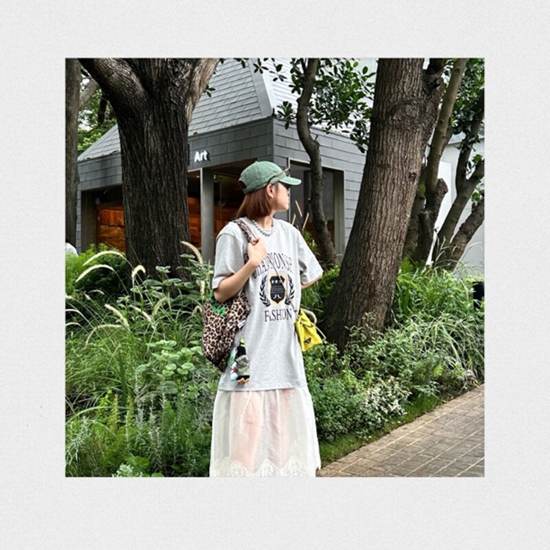 MUMUBYER·三秒心动  圆领字母印花拼接真丝欧根纱连衣裙