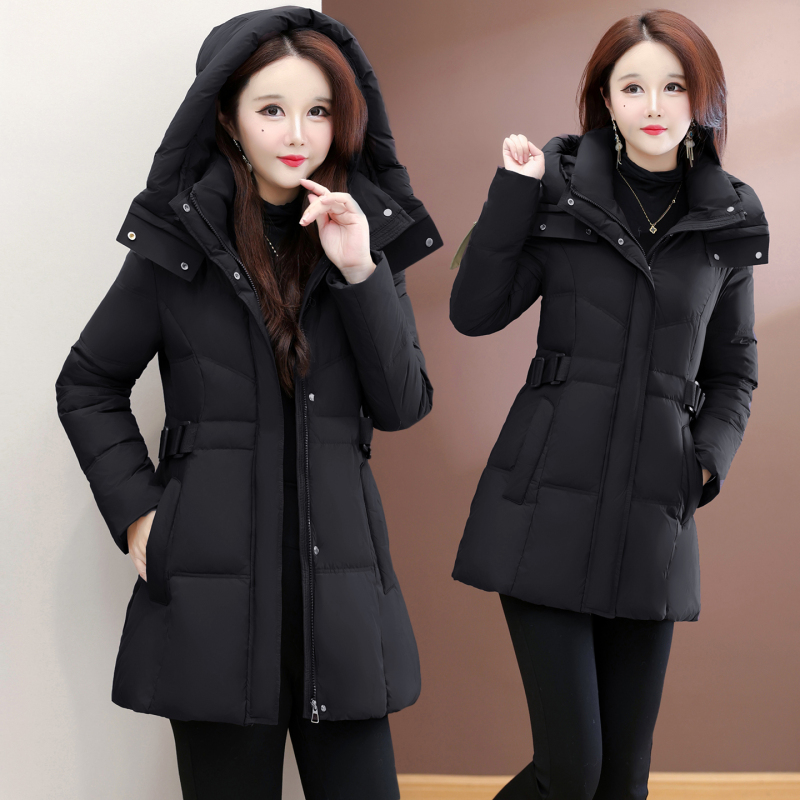 秋冬季时尚气质黑色羽绒服女2025新款中长款连帽收腰保暖外套爆款