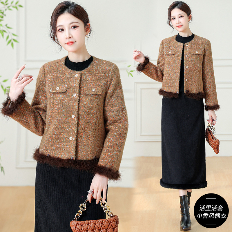 淑女风修身小香风棉服女2025冬季新款加厚毛边单排扣通勤棉袄外套