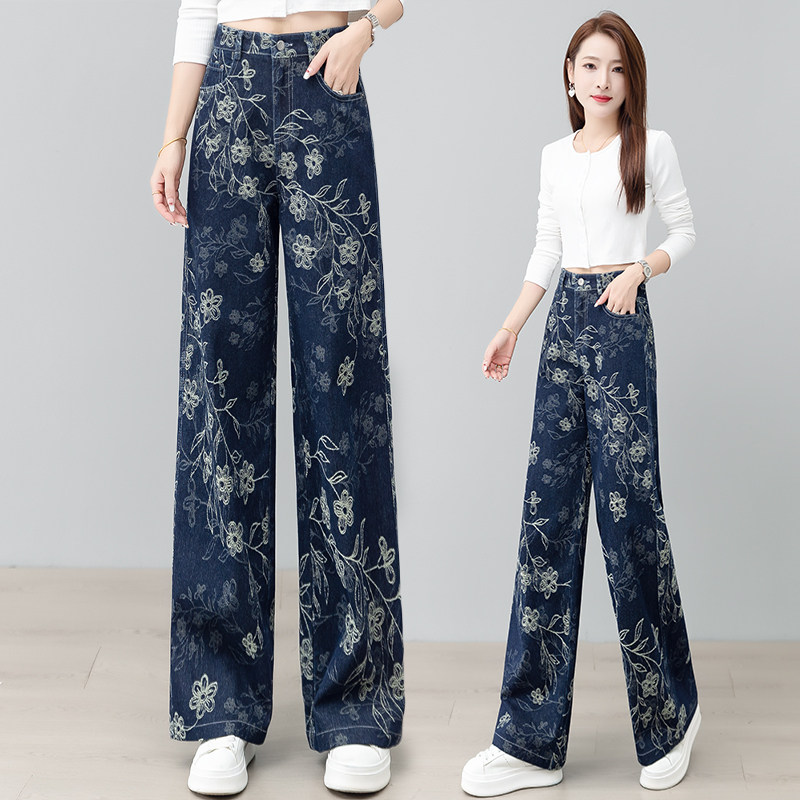 2026新款提花阔腿牛仔裤女高腰宽松时尚显瘦休闲长裤个性花卉裤子