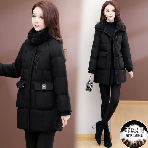 韩版通勤风中长款羽绒服女冬季黑色翻领白鸭绒保暖显瘦洋气外套潮