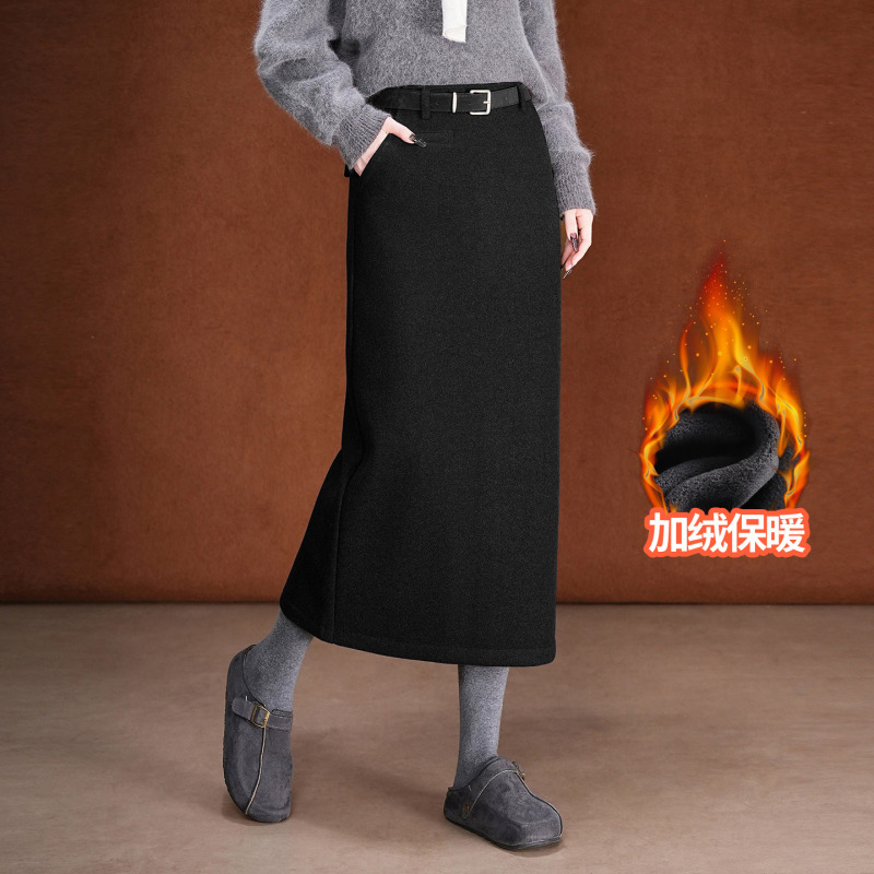 时尚高腰直筒半身裙女2025冬季新款加绒保暖中长款显瘦通勤一步裙