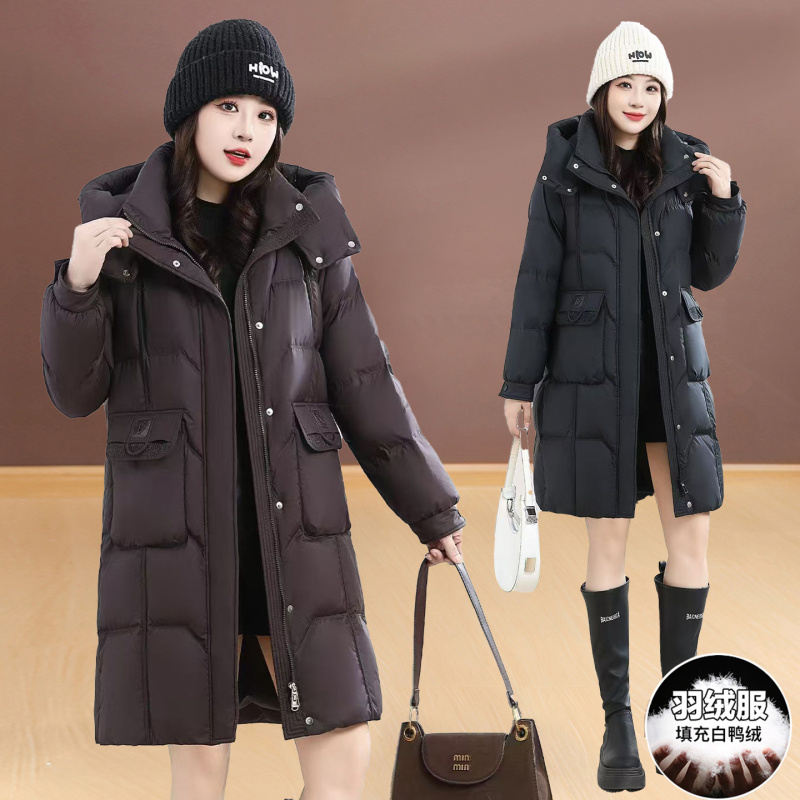 时尚韩版连帽中长款羽绒服女2025冬季新款修身显瘦白鸭绒保暖外套