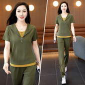 时尚 2026新款 洋气短袖 T恤长裤 休闲运动套装 显瘦两件套薄款 女夏季