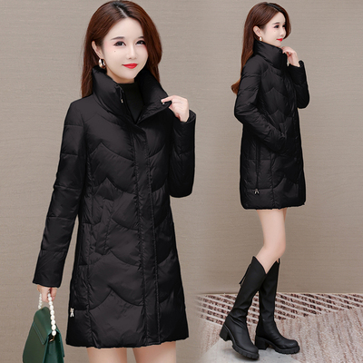 黑色中长款羽绒服女冬季新款立领修身轻羽绒服小个子时尚洋气外套