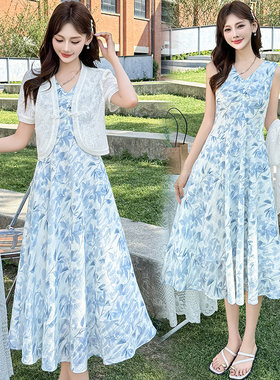 2025夏季新款时尚气质优雅连衣裙女中年妈妈装显瘦减龄两件套裙子