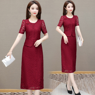 时尚气质红色蕾丝连衣裙女2026夏季新款假两件轻奢高级感通勤礼服