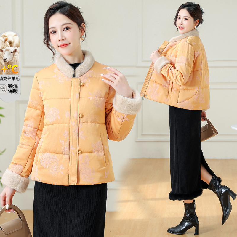 新中式立领棉服女冬季新款修身加厚保暖通勤复古印花羊绒服外套潮