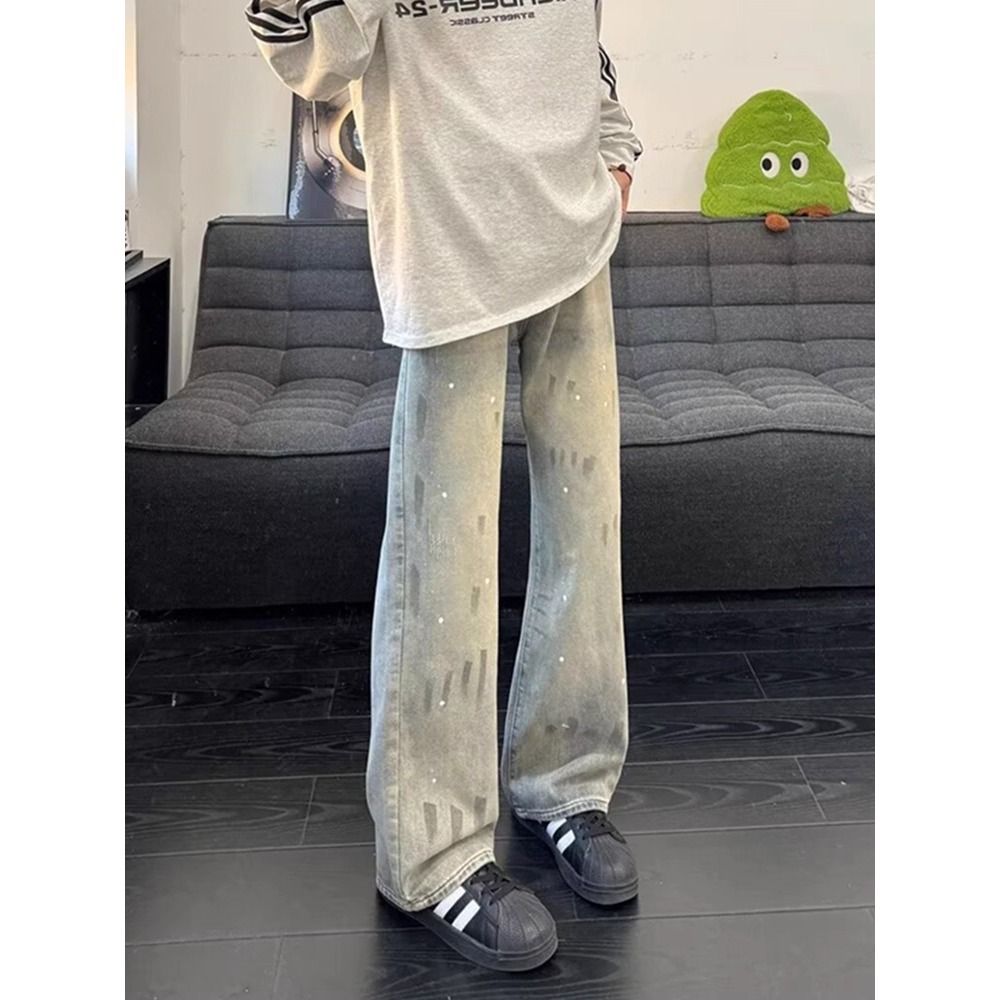 复古蓝泼墨微喇牛仔裤男秋季美式猫爪痕vintage裤子显腿长直筒裤