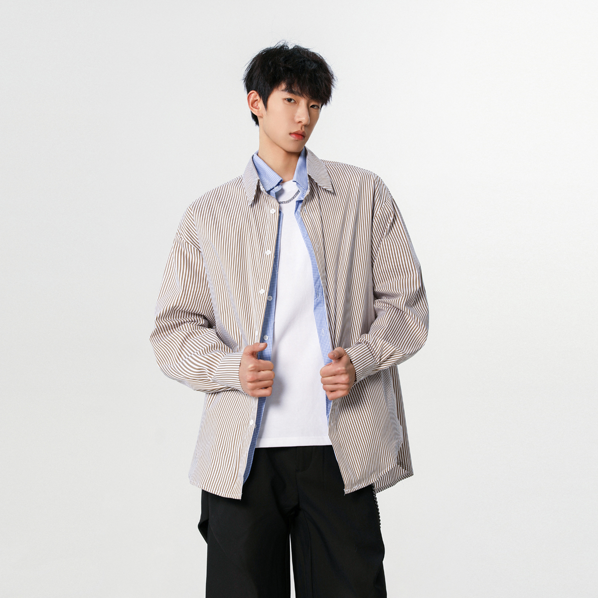 25设计师假两件潮韩风条纹衬衫外套XZ507-1CS1071P60抖音品质，男装衬衫，星座507-1