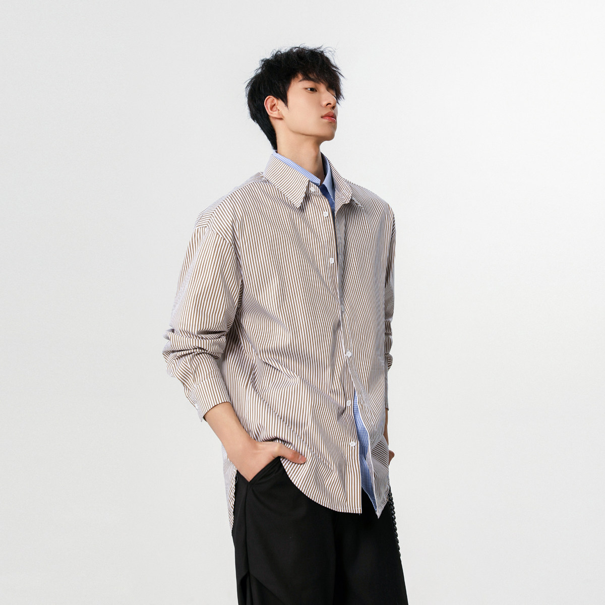 设计师假两件潮韩风条纹衬衫XZ507-1CS1071P50抖音品质大货备,男装衬衫,星座507-1