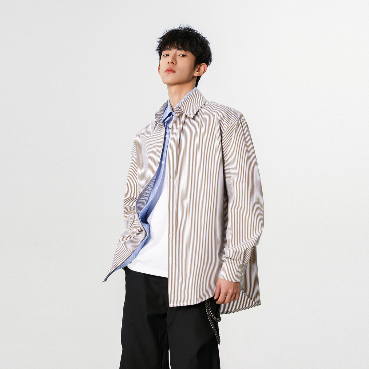 25设计师假两件潮韩风条纹衬衫外套XZ507-1CS1071P60抖音品质,男装衬衫,星座507-1