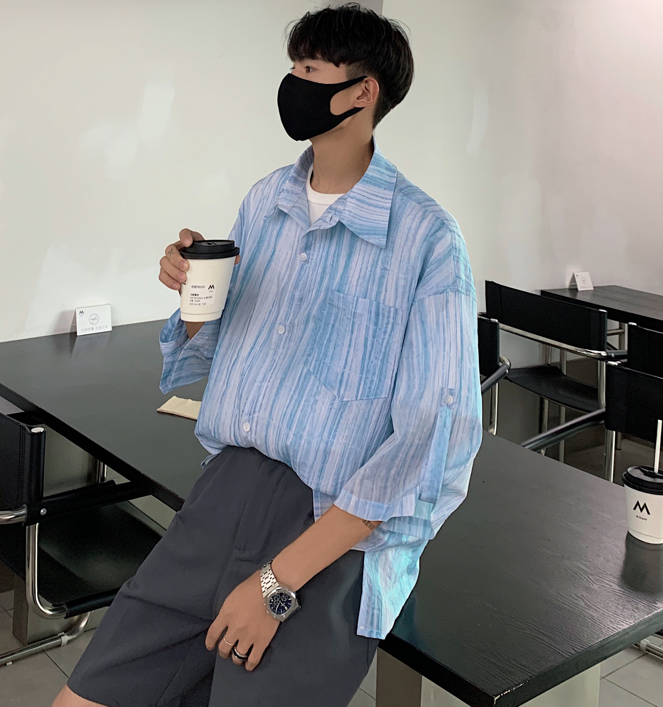 2025夏季韩式宽松上衣扎染湖短袖设计感衬衫XZ507-1CS1051P50,男装T恤,星座507-1