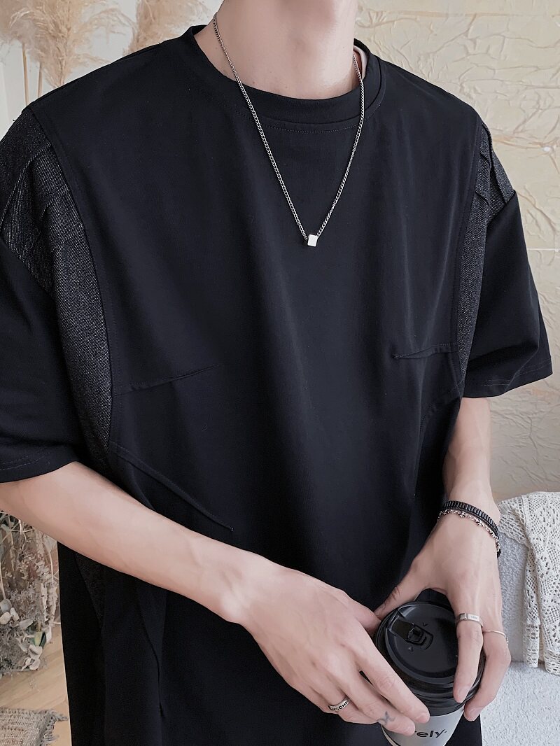 2024设计感拼接牛仔短袖男女同款潮牌T恤XZ507-1T2028P60,男装T恤,星座507-1