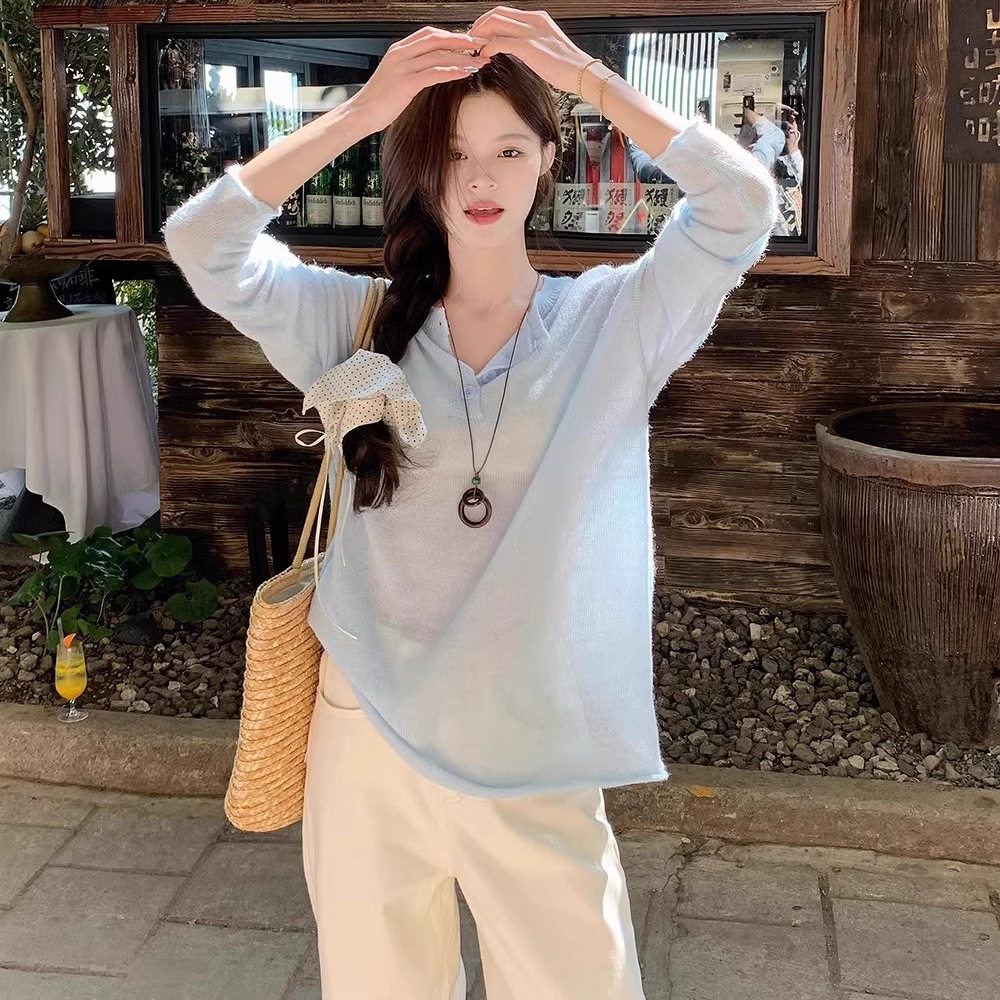卷边微透长袖针织衫2025春夏新款薄款宽松空调罩衫防晒上衣女chic