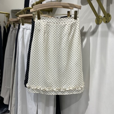 欧洲站韩版波点半身裙女高腰A子短裙白色缎面法式木耳边小众显瘦