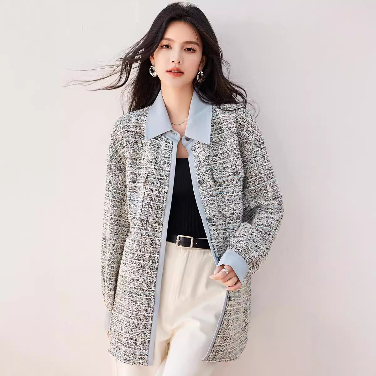 W.W新款小香风假两件夹花呢外套