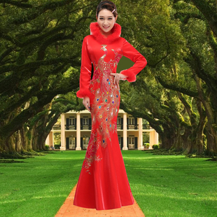 新娘敬酒服2023新款冬季长袖红色修身鱼尾长款中式结婚晚礼服裙女