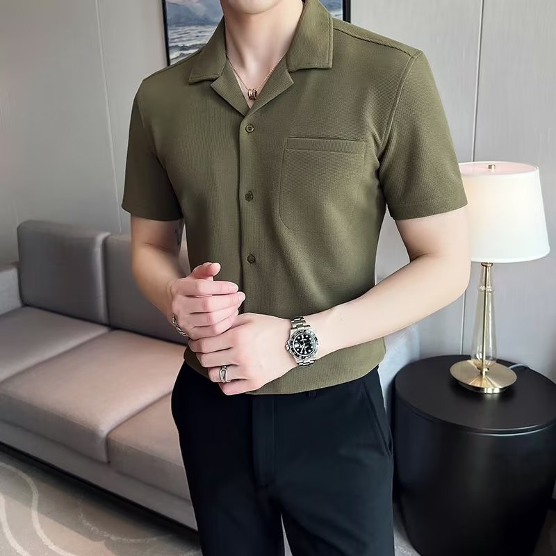 冰丝华夫格古巴领短袖衬衫男英伦雅痞男装夏季半袖衬衣薄商务休闲