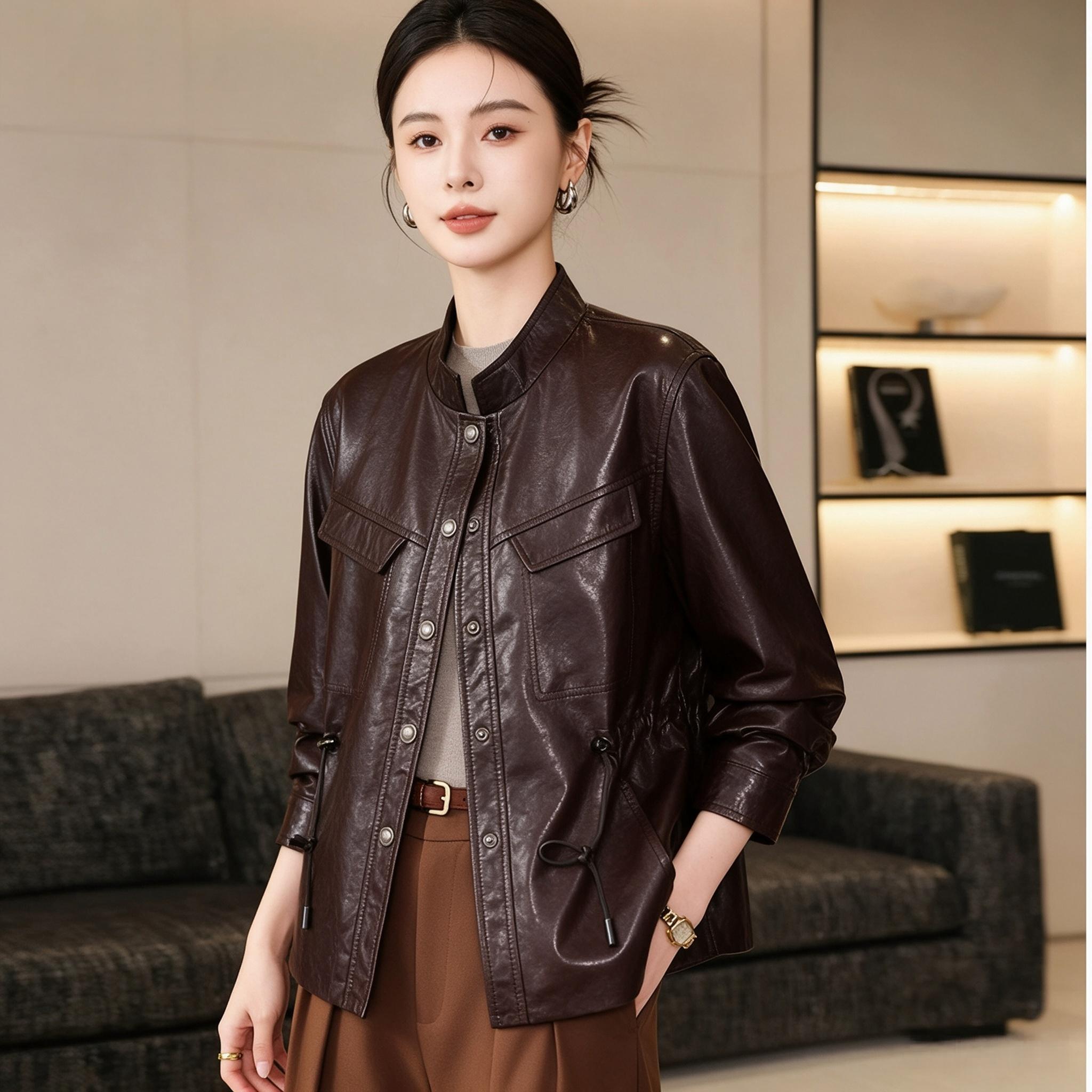 海宁真皮皮衣女2026新款绵羊皮中年妈妈高端修身上衣油蜡皮外套