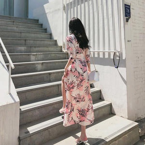 PS34462# 夏季新款简约修身时尚印花V领开叉系带显瘦一片式连衣裙 服装批发女装直播货源