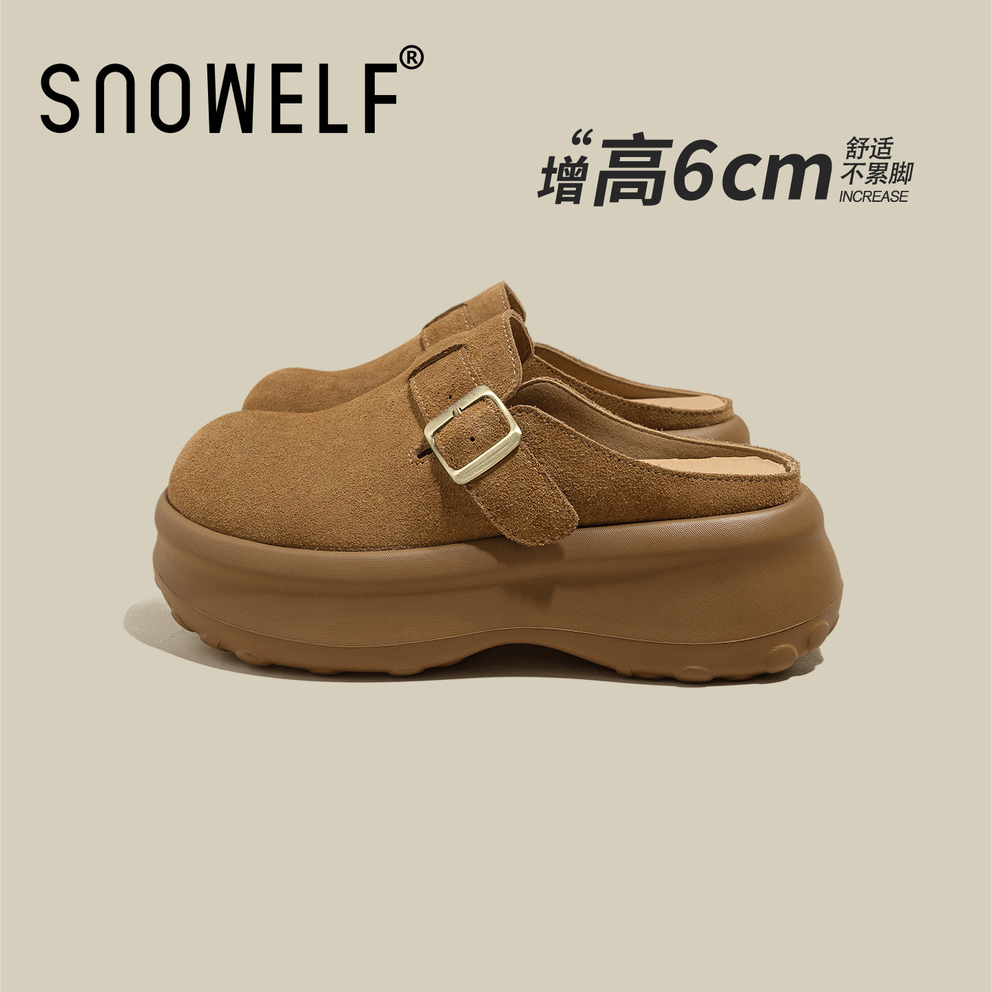 增高6CM~驼色复古厚底勃肯半拖鞋