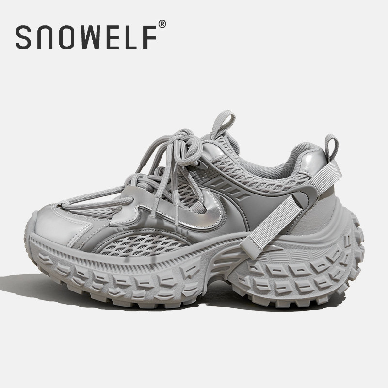 厚底鞋子女2026新款爆款银色老爹鞋女款夏季网面透气内增高运动鞋