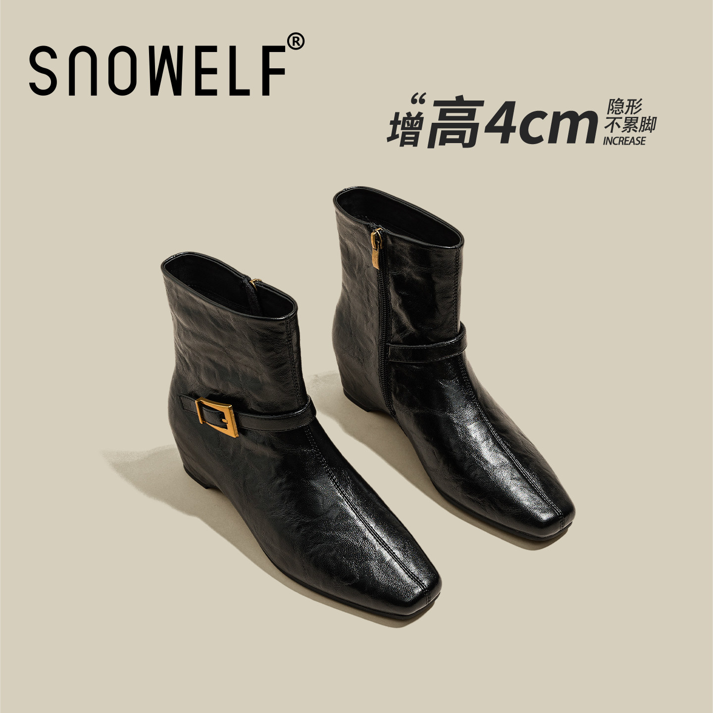 明星同款snowelf内增高尖头短靴图片