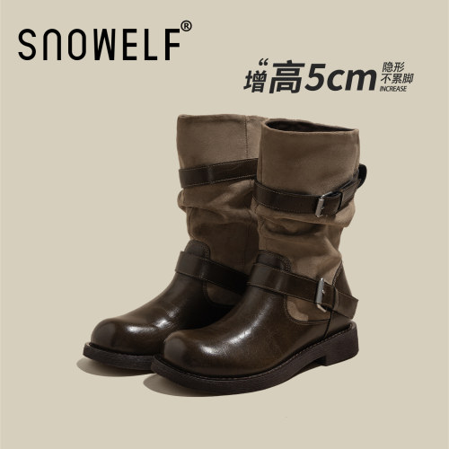 snowelf棕色短靴增高显瘦骑士靴