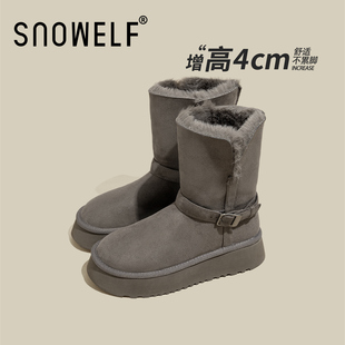灰色中筒雪地靴女款2025新款冬季加绒女鞋厚底内增高保暖毛毛鞋子