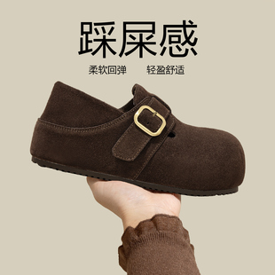 5CM厚底勃肯鞋棕色一脚蹬鞋子女2025新款冬季加绒保暖增高鞋棉鞋
