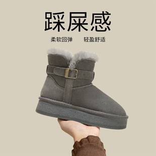 灰色厚底雪地靴女2025新款冬季加绒加厚防水松糕短筒内增高棉鞋子