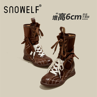 棕色复古绑带赛车拳击靴子女2025冬季新款真皮中长筒马丁靴西部靴