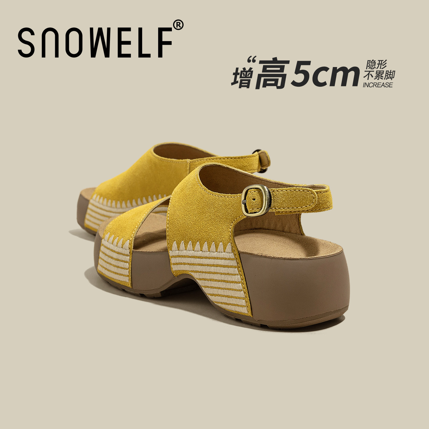 黄色运动凉鞋女款2026新款夏季厚底勃肯鞋真皮透气女鞋软底沙滩鞋