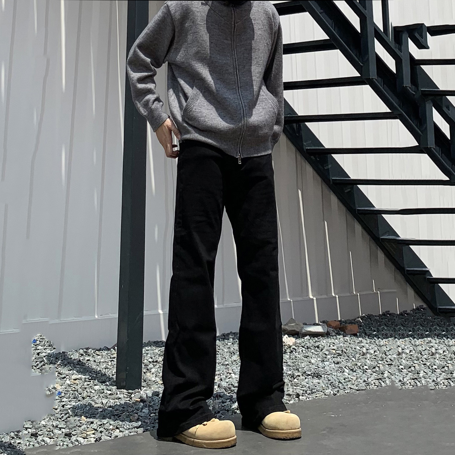 秋冬美式复古cleanfit牛仔裤男女潮修身直筒黑牛高街微喇休闲裤子