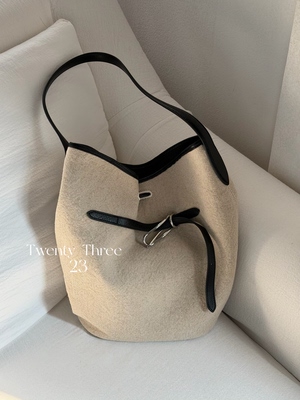 Twenty Three高级感亚麻拼牛皮单肩水桶包慵懒风大容量通勤托特包