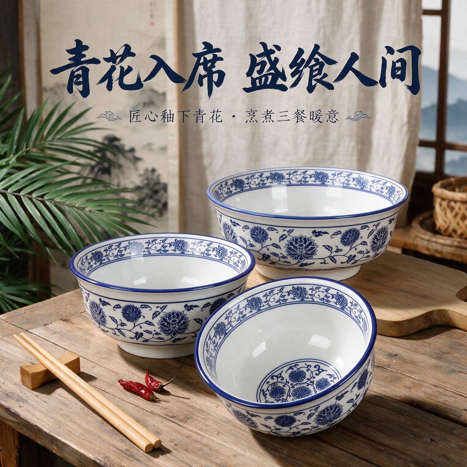 陶瓷碗商用复古汤面碗粉碗青花瓷牛肉拉面碗羊肉汤碗装泡面馆专用