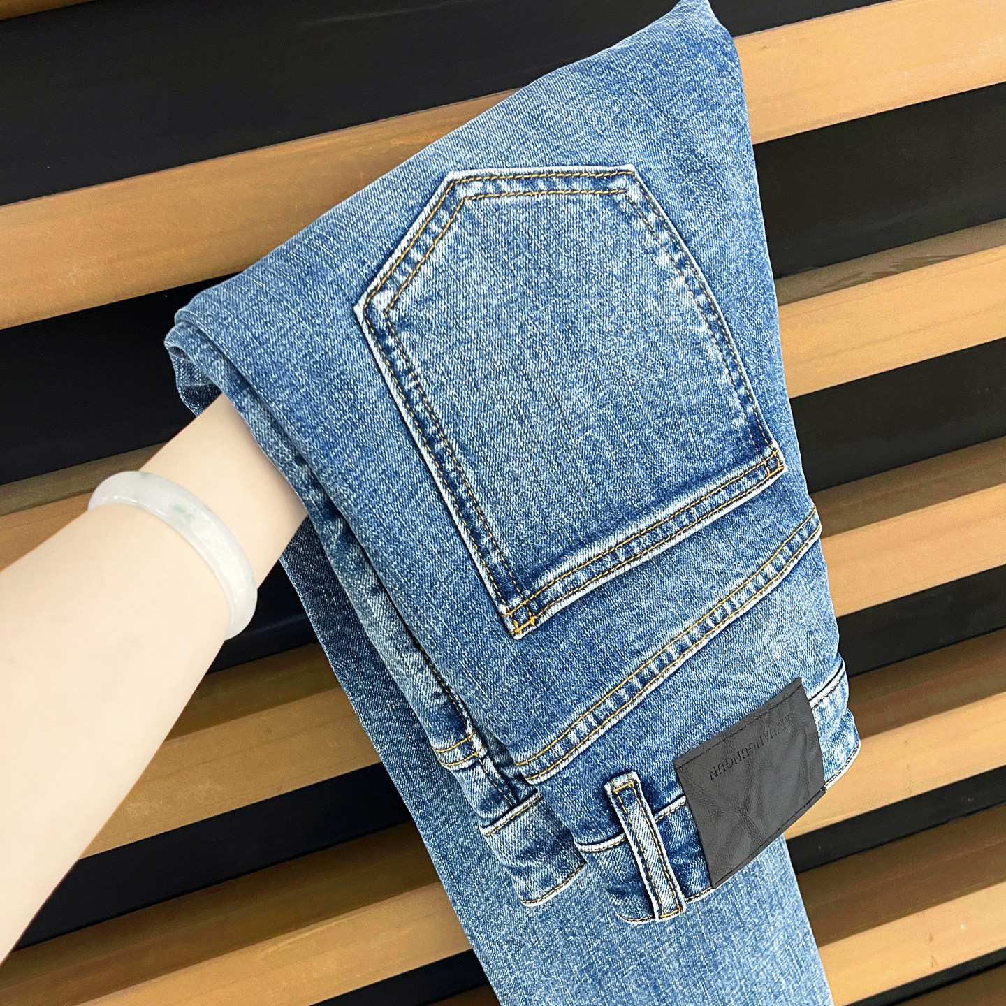 经典高级蓝色/九分牛仔裤男士韩式潮流风/简约水洗弹力修身小脚裤