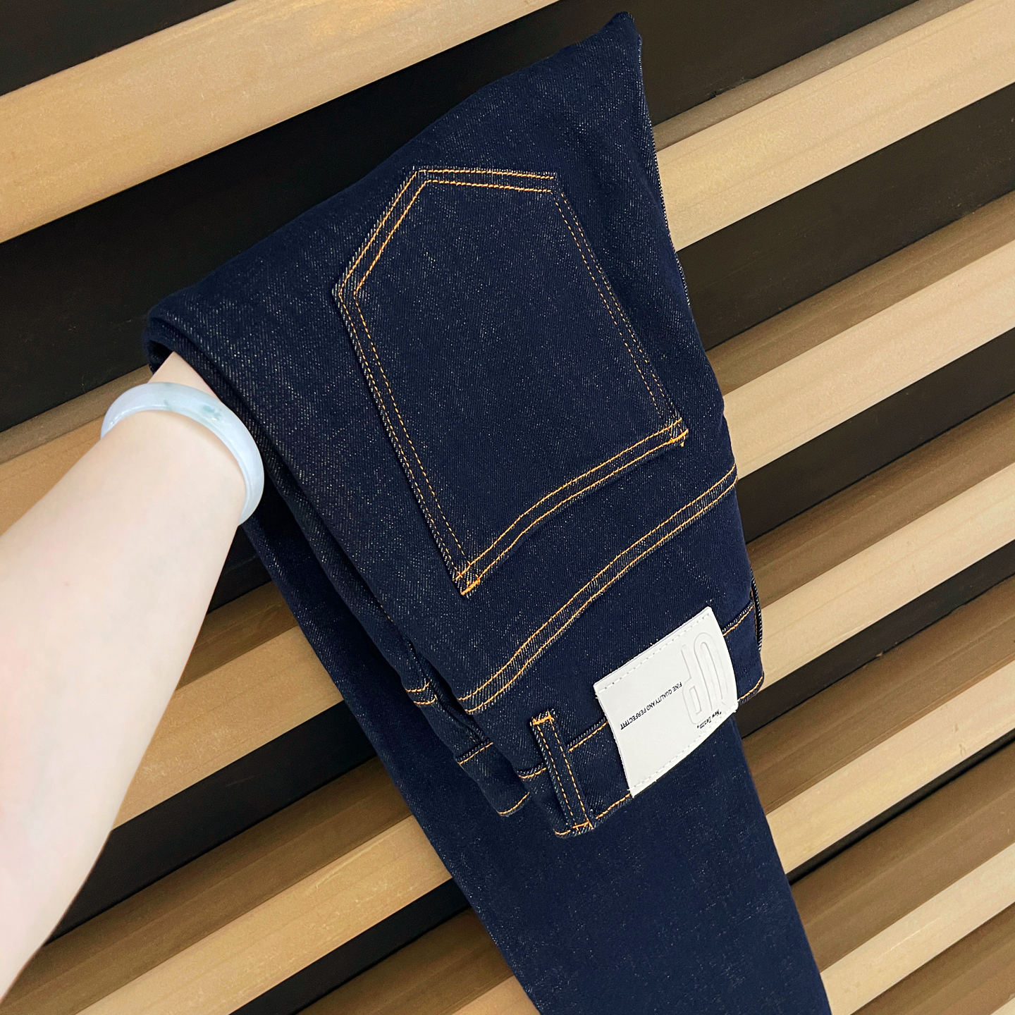 赤耳丹宁/横竹普鲁士蓝/九分牛仔裤/男士/轻奢弹力修身小脚牛仔裤