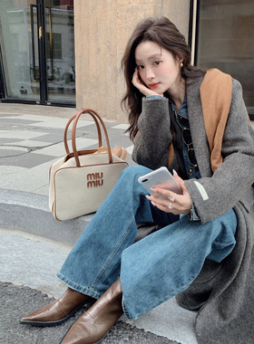 复古极简风灰色长款羊绒大衣韩系高级感双面呢外套2025秋冬新款