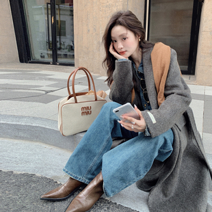 复古极简风灰色长款羊绒大衣韩系高级感双面呢外套2025秋冬新款