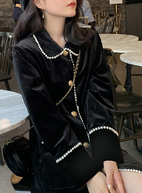 重工艺珍珠小香风外套黑色丝绒棉服加棉加厚中长款复古宫廷风大衣