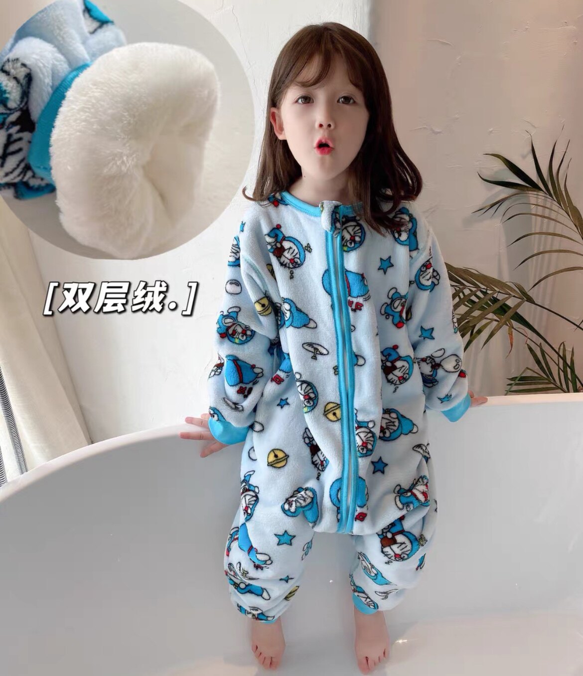 BOYS AND GIRLS BABY SLEEPING BAG AUTUMN AND WINTER THICKENED NEW SMALL AND MIDDLE-AGED CHILDRENS HOME CLOTHES CHILDRENS ONE-PIECE PAJAMAS DOUBLE-LAYER FLANNEL