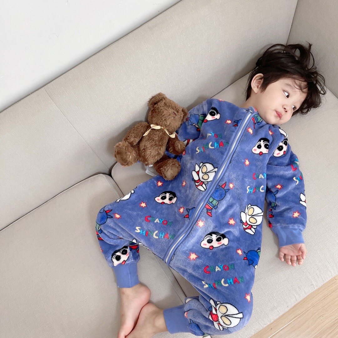 BOYS AND GIRLS BABY SLEEPING BAG AUTUMN AND WINTER THICKENED NEW SMALL AND MIDDLE-AGED CHILDRENS HOME CLOTHES CHILDRENS ONE-PIECE PAJAMAS DOUBLE-LAYER FLANNEL