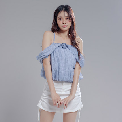 RMHHY甜酷法式一字肩吊带小衫女夏性感露肩衬衫小个子上衣