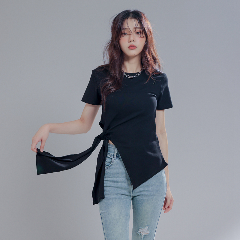 RMHHY甜酷不对称绑带设计感T恤小众法式韩上衣正肩短袖女
